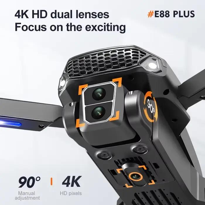Nouveau drone quadrirotor E88 Plus avec caméra ajustable 90°, contrôle par flux optique, prêt à l'emploi pour expéditions aériennes et captation de vues panoramiques intérieures et extérieures