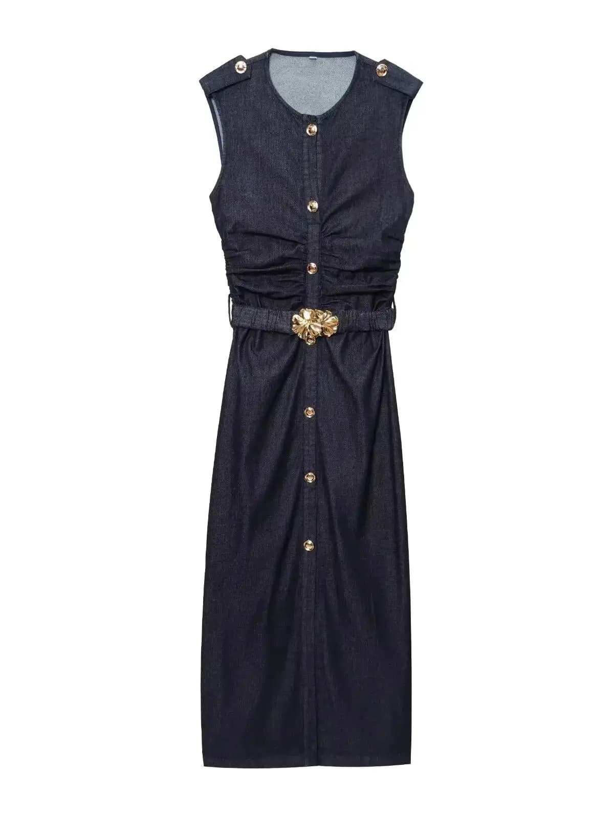Collection d'été ETJ's 2025, robe MIDI élégante en denim sans manches pour femmes, série 1975, avec 