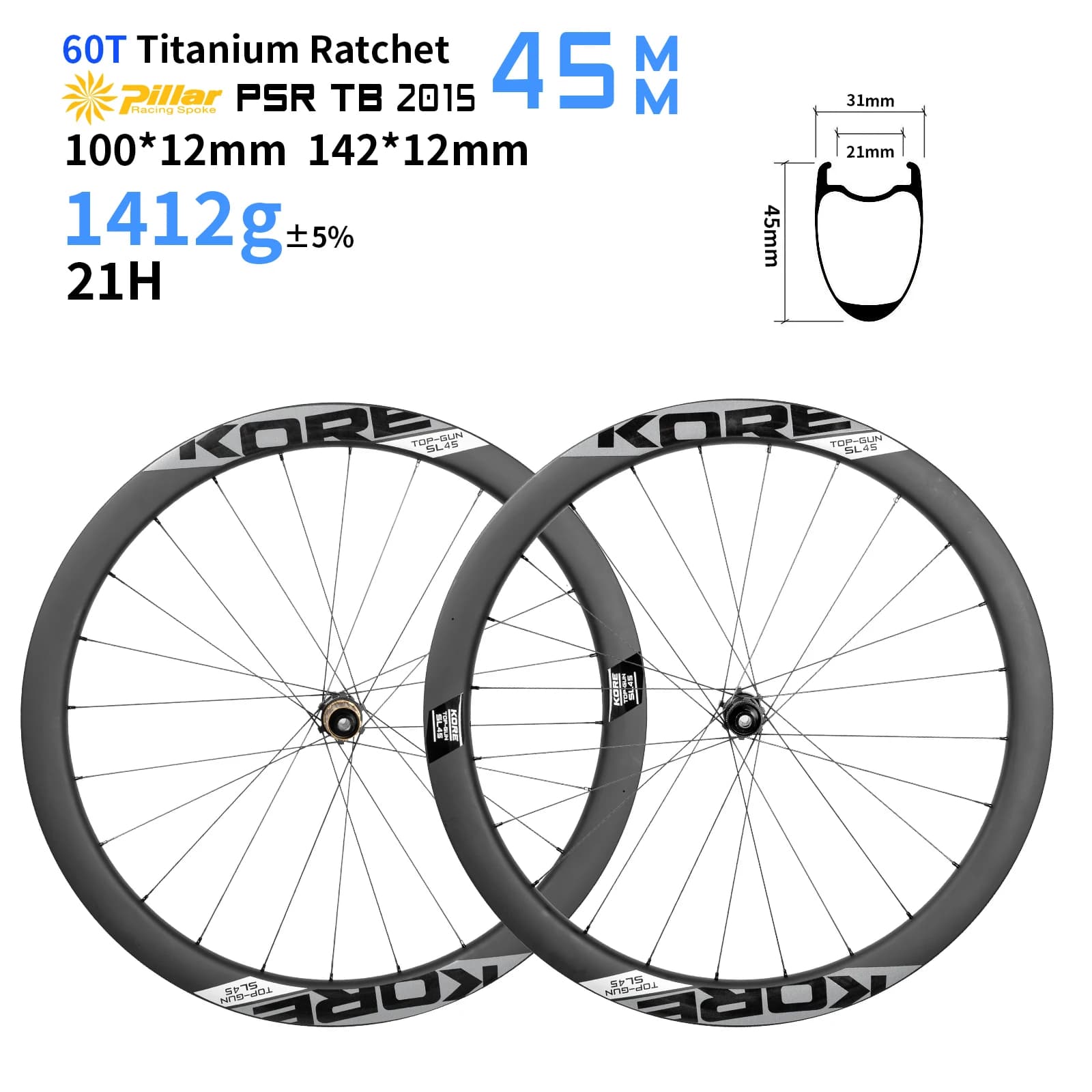 Jeu de roues en carbone KORE TOP‑GUN 60T avec moyeu à cliquet HG/XDR, Freehub Tubeless Ready, frein