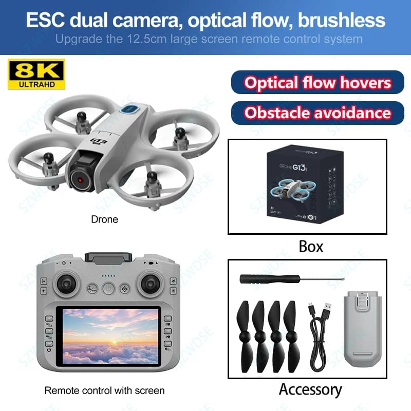 Drone grand écran GT3 4,3 pouces 8K professionnel 180 °   Double caméra 5G WIFI, évitement d'obstacl