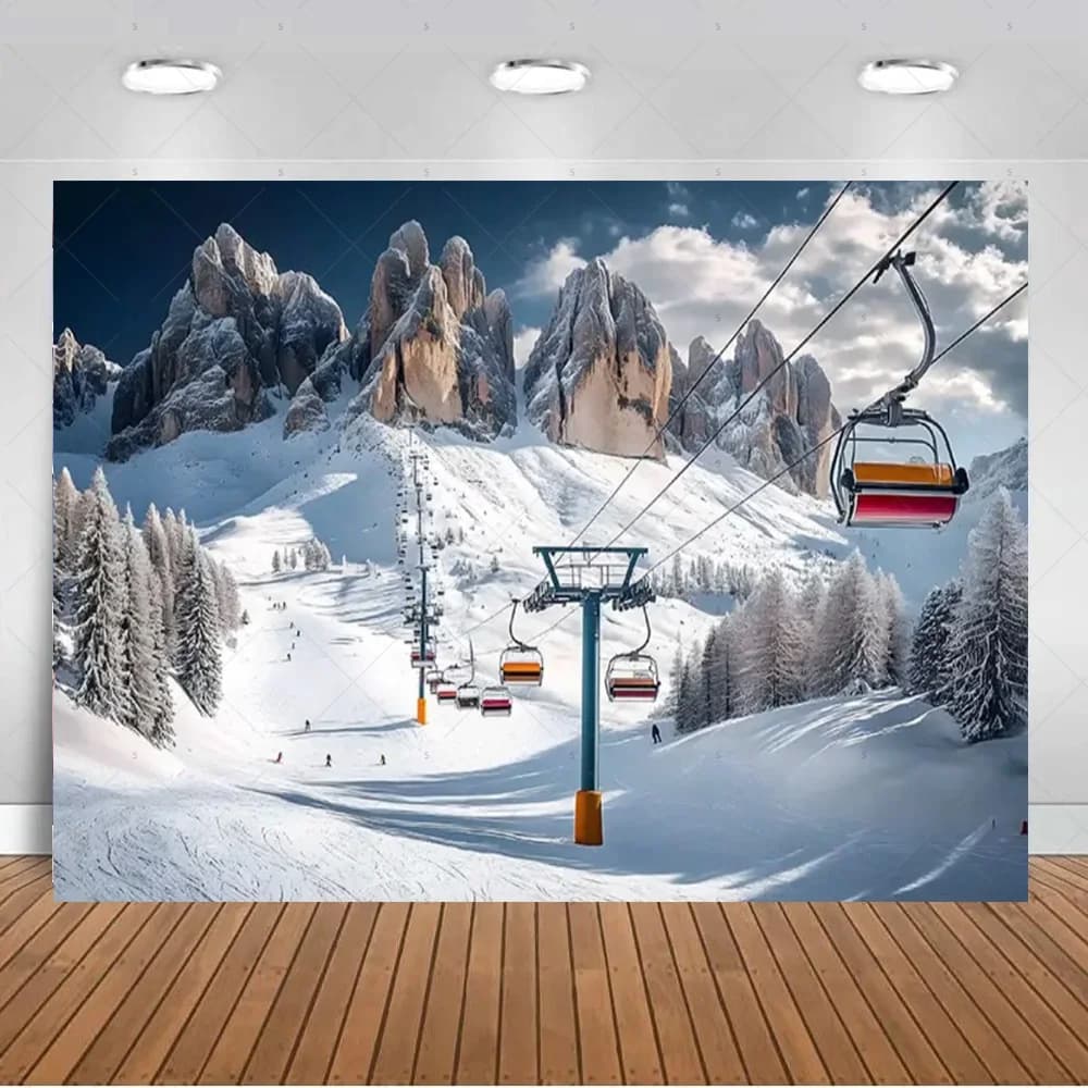 Snowy Mountain Ski Resort photographie toile de fond fournitures câble voiture scène de Ski fond ban