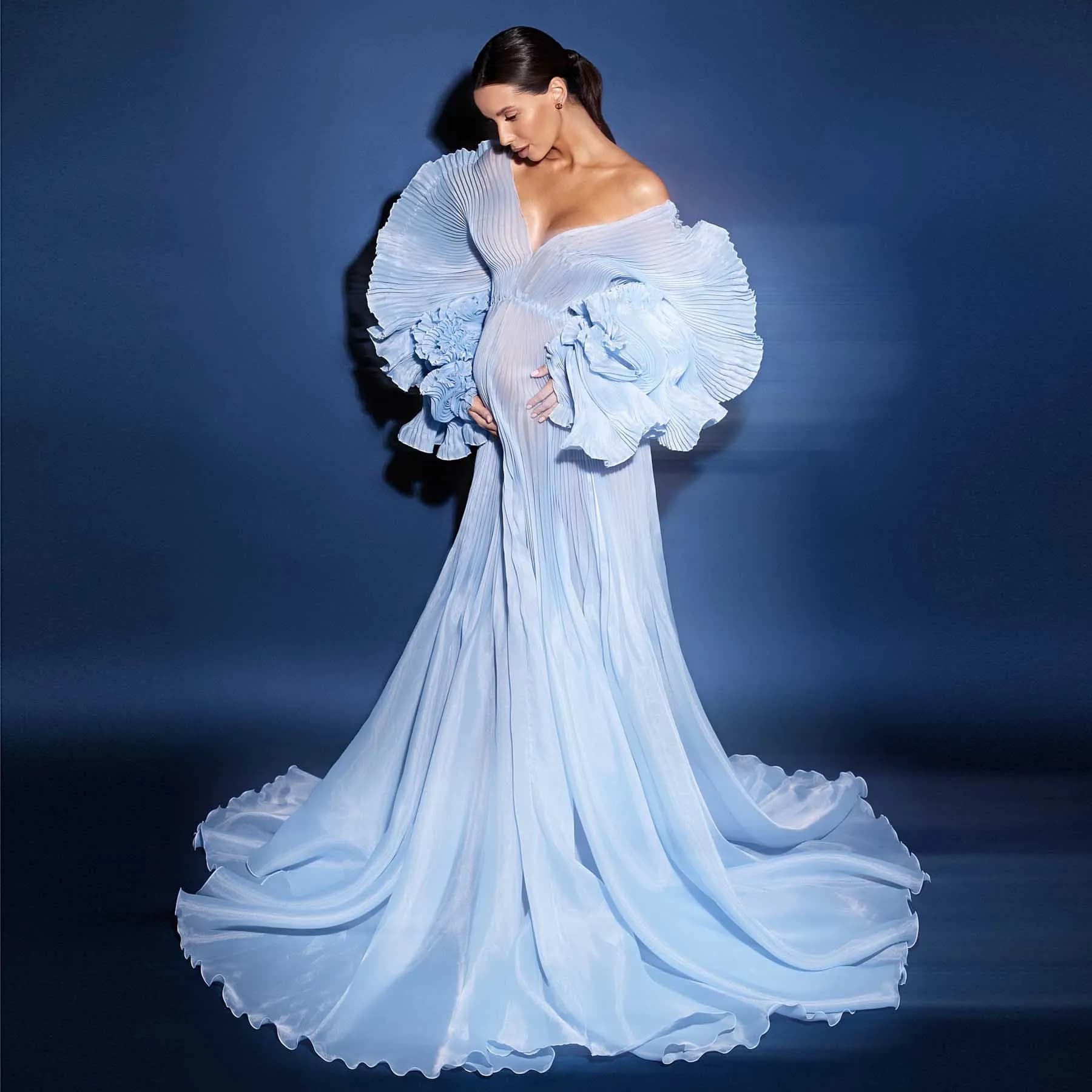 Nouvelle arrivée : Robe de maternité bleue plissée pour séance photo, robe de grossesse personnalisé
