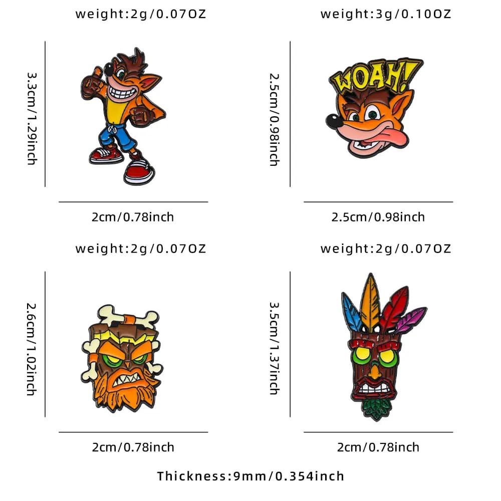 Lot de 4 épingles en émail Crash Bandicoot, personnage de jeu PS1 rétro, masque Tiki, broche, badge 