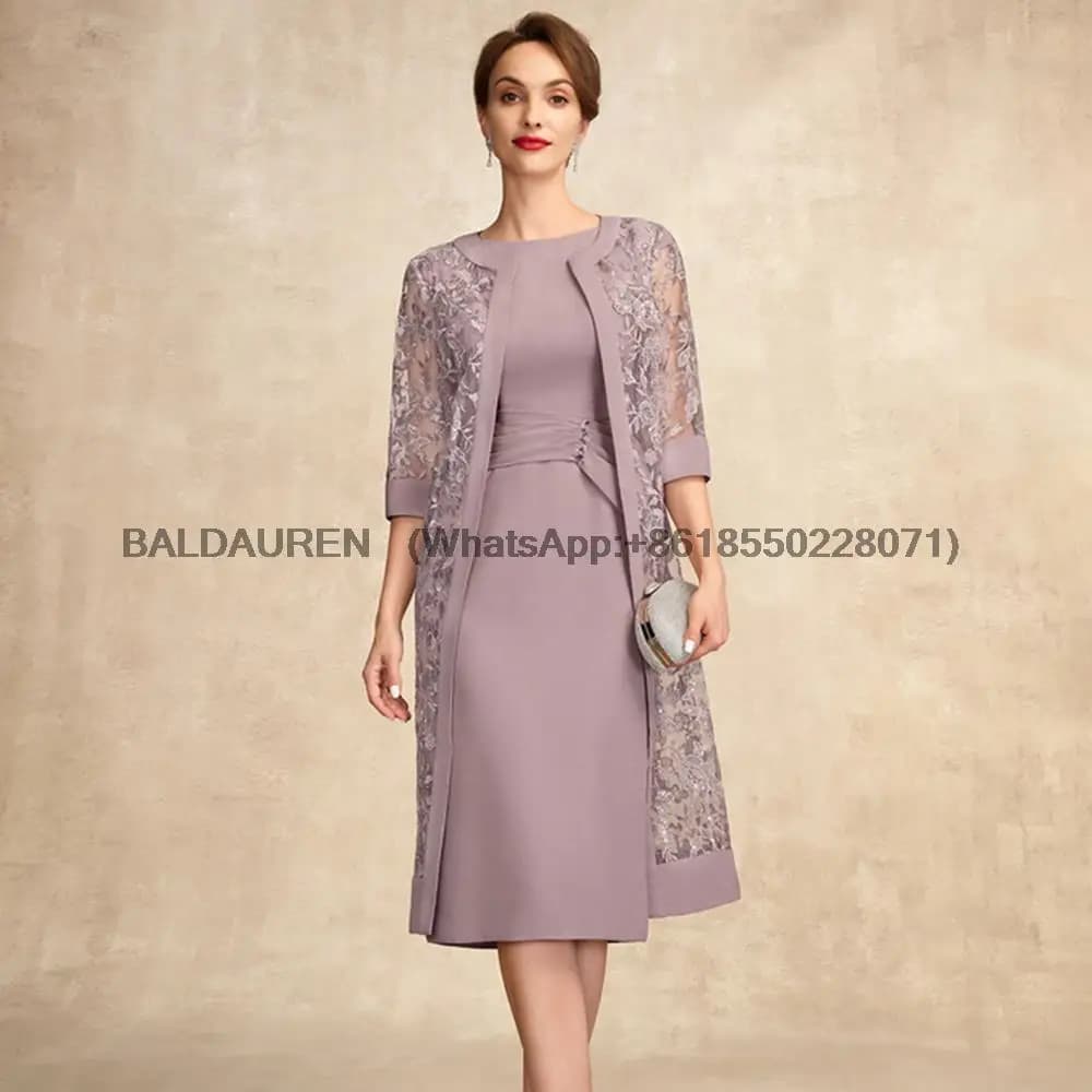 Robes mère de la mariée trapèze à col rond avec veste en dentelle plissée et perles longueur thé rob