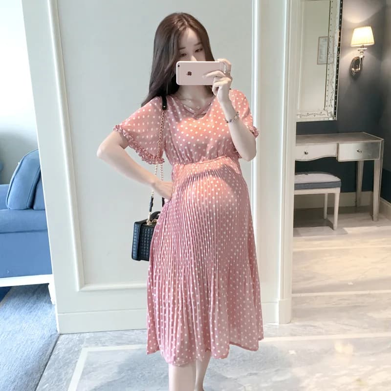 Robe de maternité d'été pour femmes enceintes, col pétale, manches à bulles, taille haute, robe de t