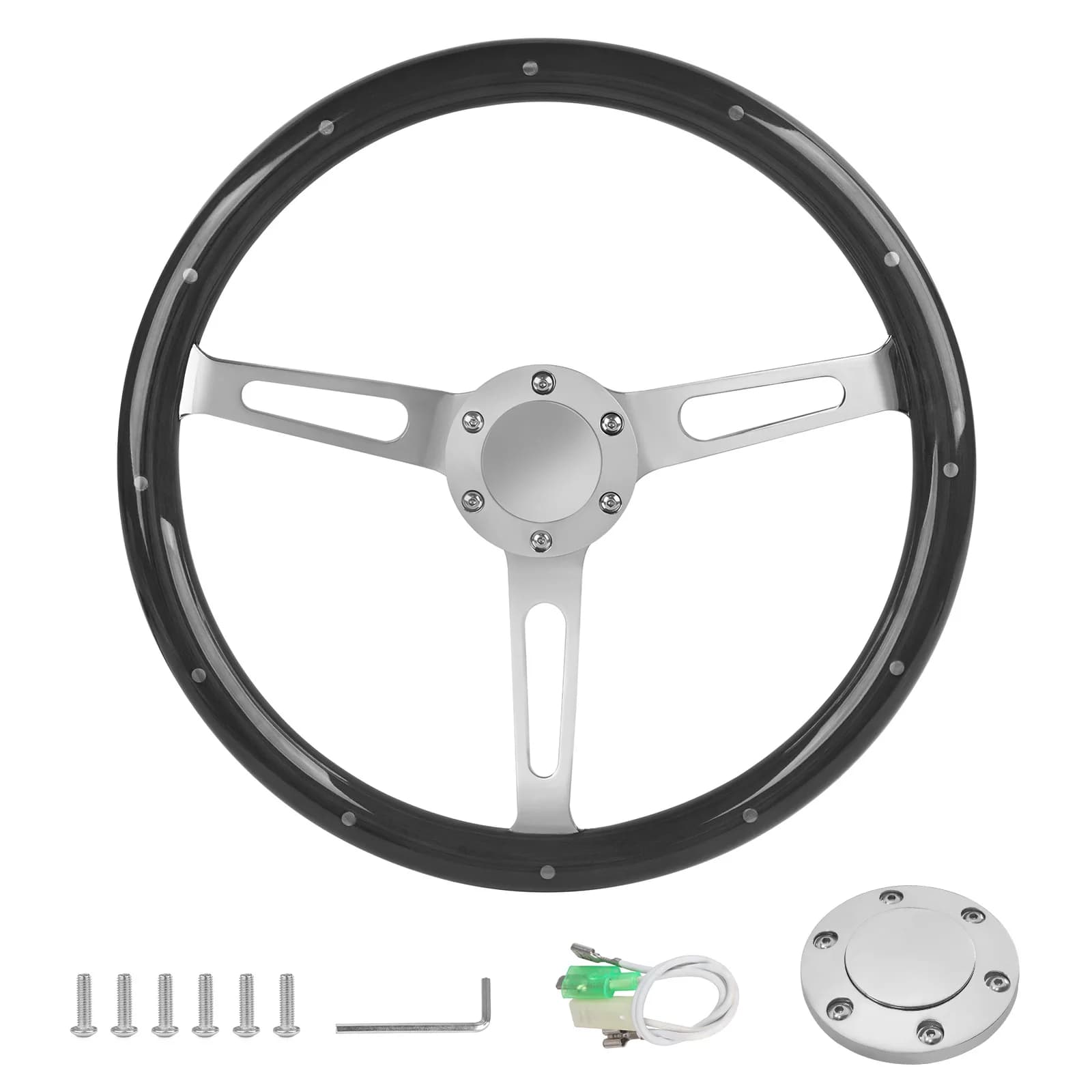 Volant de course classique en bois véritable riveté de 380 mm (15 pouces) avec bouton de klaxon, tro