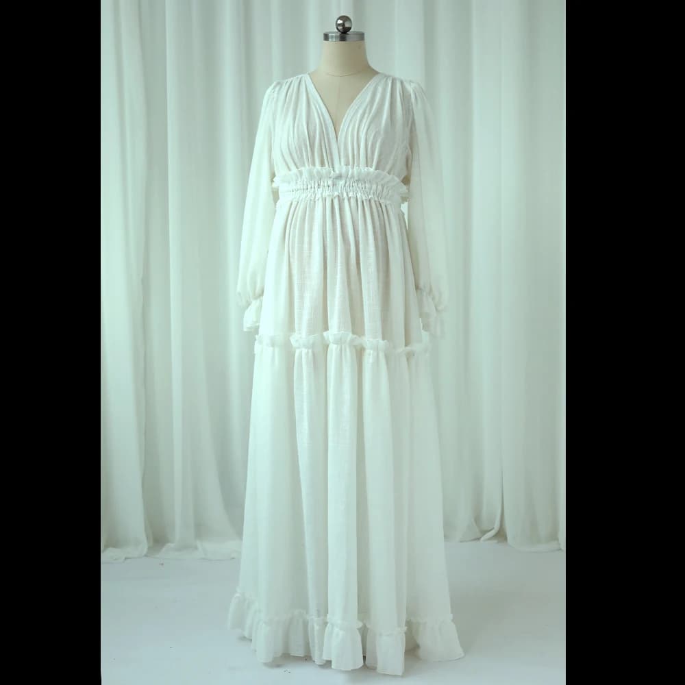 Robe de Grossesse en Lin et Coton pour Femme, Tenue Élégante à Col en V, Style Boho, pour ixPréChris
