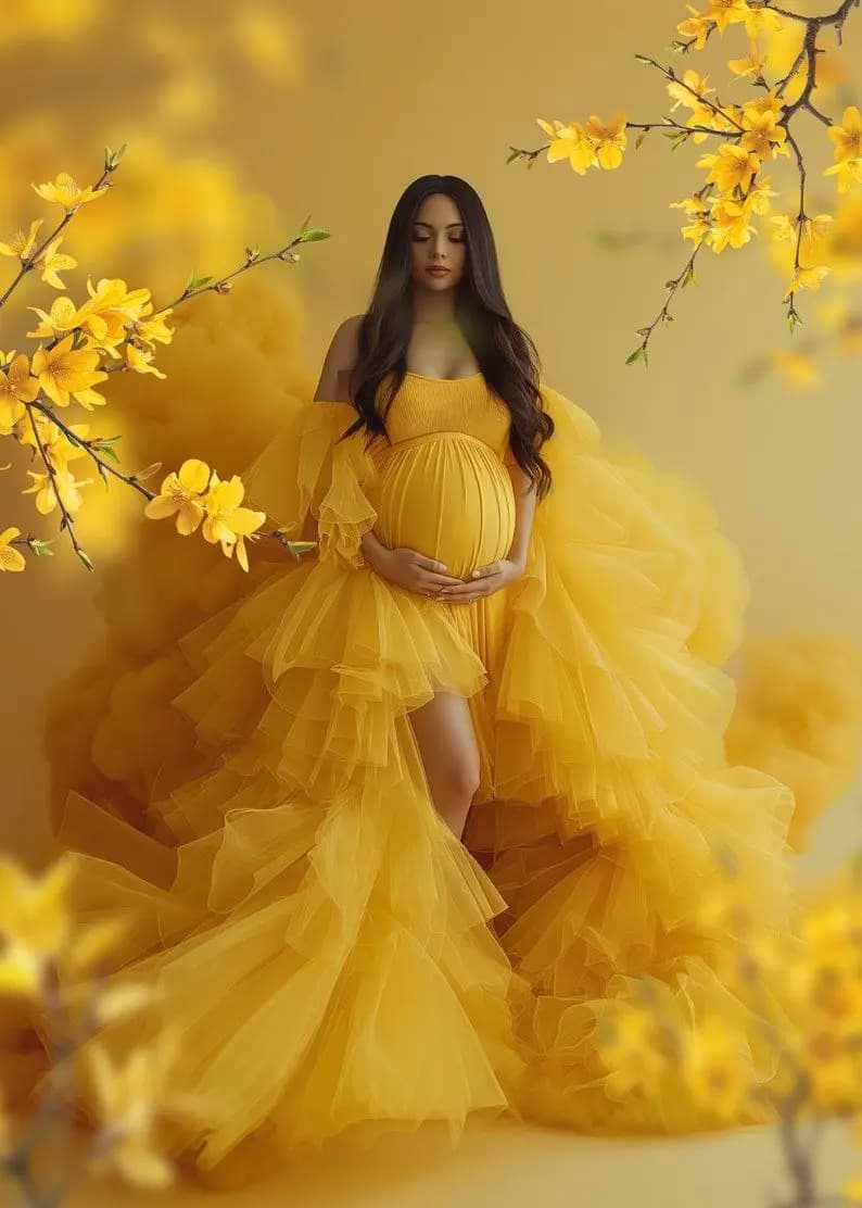 Robe de soirée jaune courte sur le devant pour femmes enceintes, vêtements de grossesse sur mesure, 