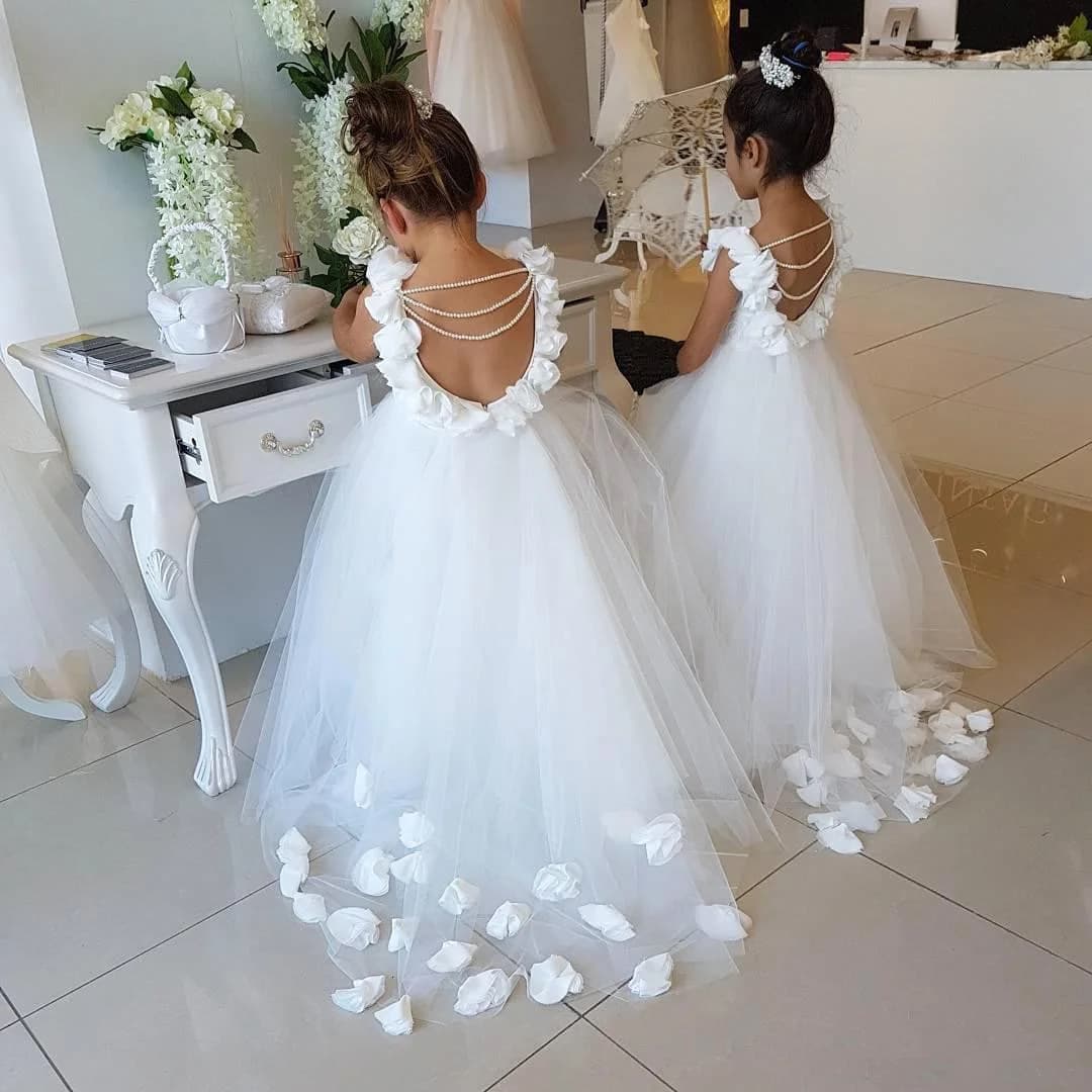 Robes à fleurs pour filles, col en Tulle, ligne A, dos nu, fleurs 3D, perles, longueur au sol, robes