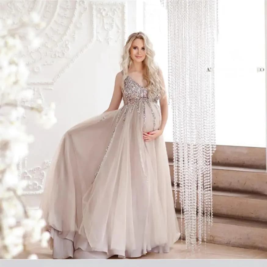 Robe de maternité à col en V et coupe trapèze en tulle à sequins pour femme enceinte, idéale pour sé