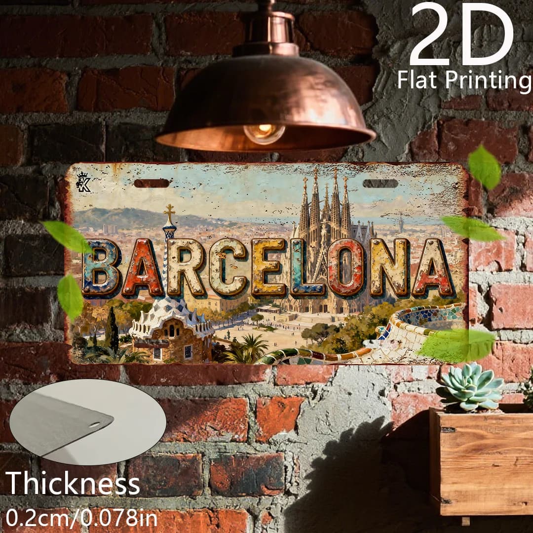 Plaque décorative murale en aluminium 2D style vintage espagnol avec motifs de Barcelone, Sagrada Fa