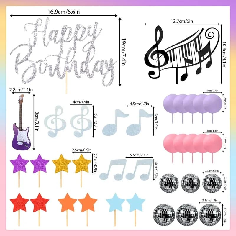 Décorations de gâteau musical pour fille : thème concert de pop, boules disco, guitare, notes de mus