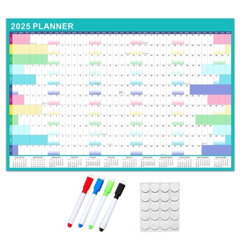 Calendrier annuel 2025, planificateur annuel 2025 pour afficher le calendrier avec marqueur effaçabl