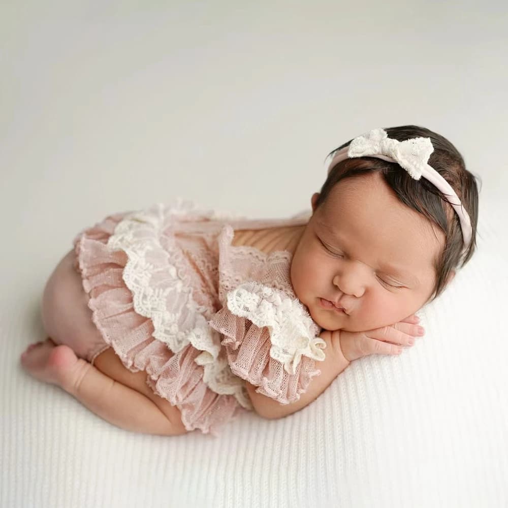 Combinaison de photographie nouveau-né en dentelle à volants rose poudré pour bébé fille, tenue de s