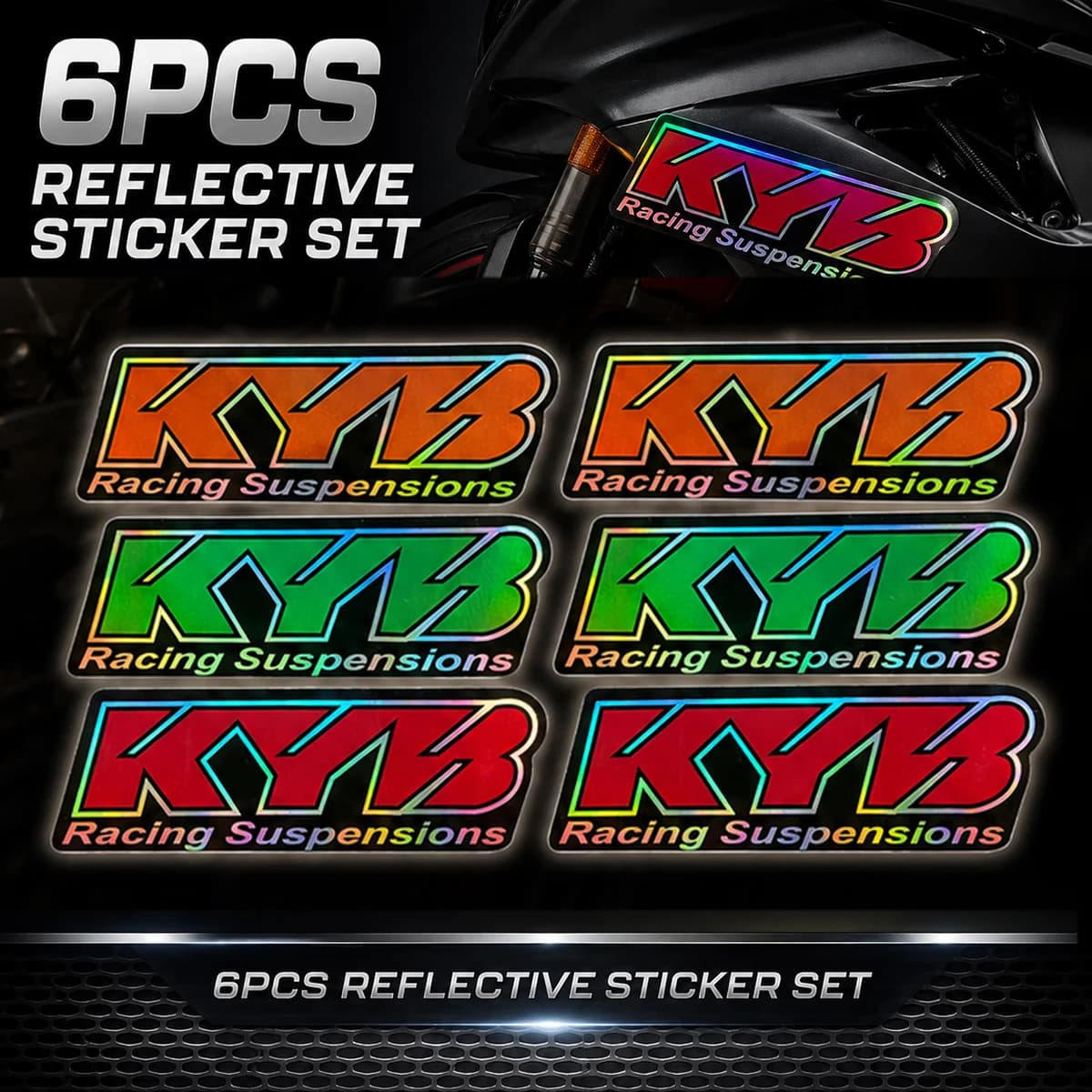 6 autocollants holographiques réfléchissants KYB Racing, imperméables, laser, pour fourches de moto
