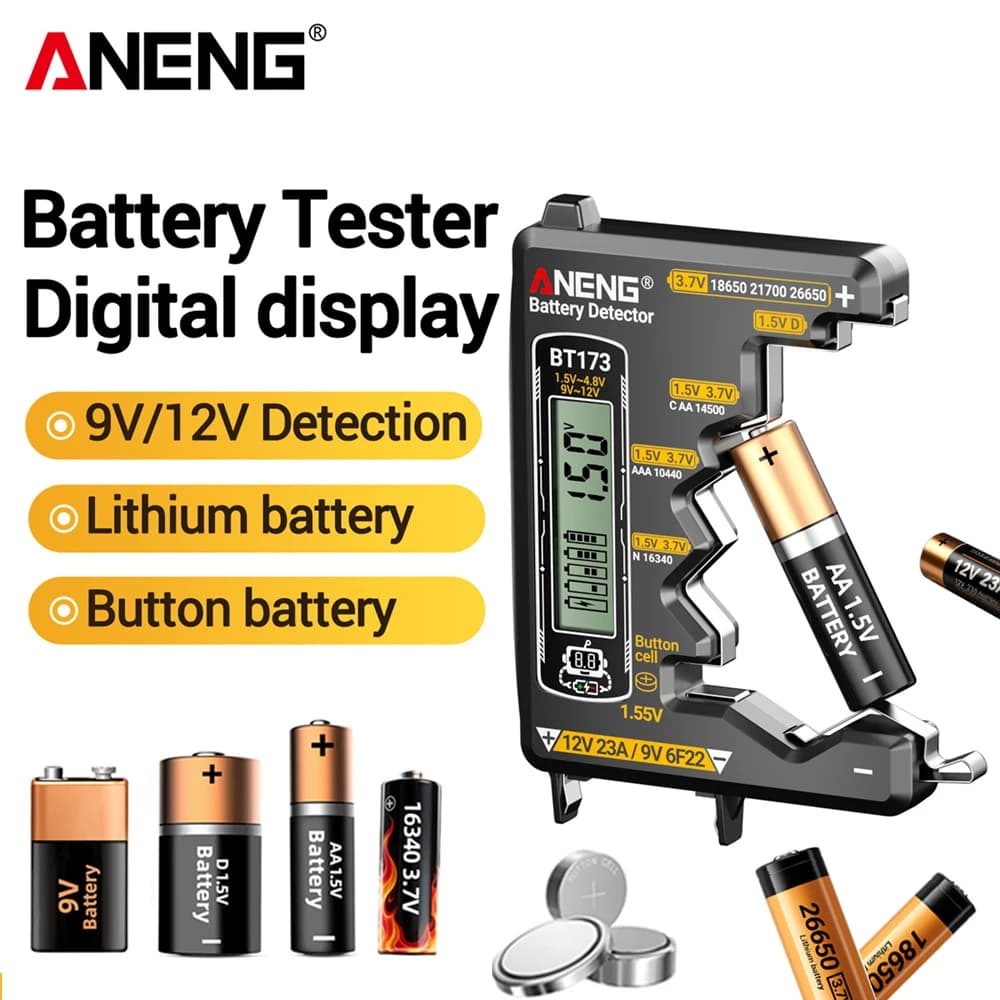 Testeur de batterie pour toutes les Batteries au Lithium 18650, indicateur de capacité ANENG BT173, analyseur portatif, compteur de tension, outils d'électricien