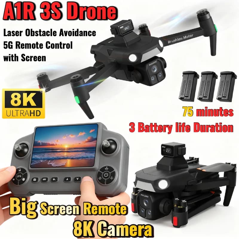 Drone A1R 3S 5G authentique avec contrôle par écran, évitement d'obstacles laser à 360°, retour GPS à la base, caméra 8K pour photographie aérienne
