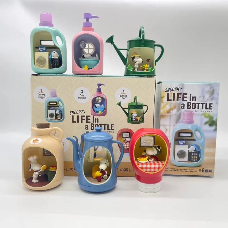 Offre spéciale Re-Ment la vie de Snoopy dans une bouteille scène Happy Hour Ornamen boîte aveugle poupées miniatures Collection Anime figurine jouet