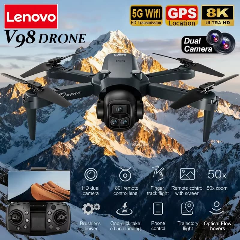 Drone Lenovo V98 8K Aérien HD Professionnel à Double Caméra, Hélicoptère avec Flux Optique, Positionnement GPS, Évitement d'Obstacles, Moteur Sans Balais