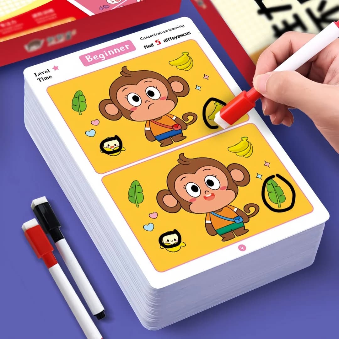 Trouver des différences Jeu de cartes Puzzle éducatif de dessin animé réutilisable pour enfants Trouvez des niveaux de difficulté pour la formation au concentration et à l'attention