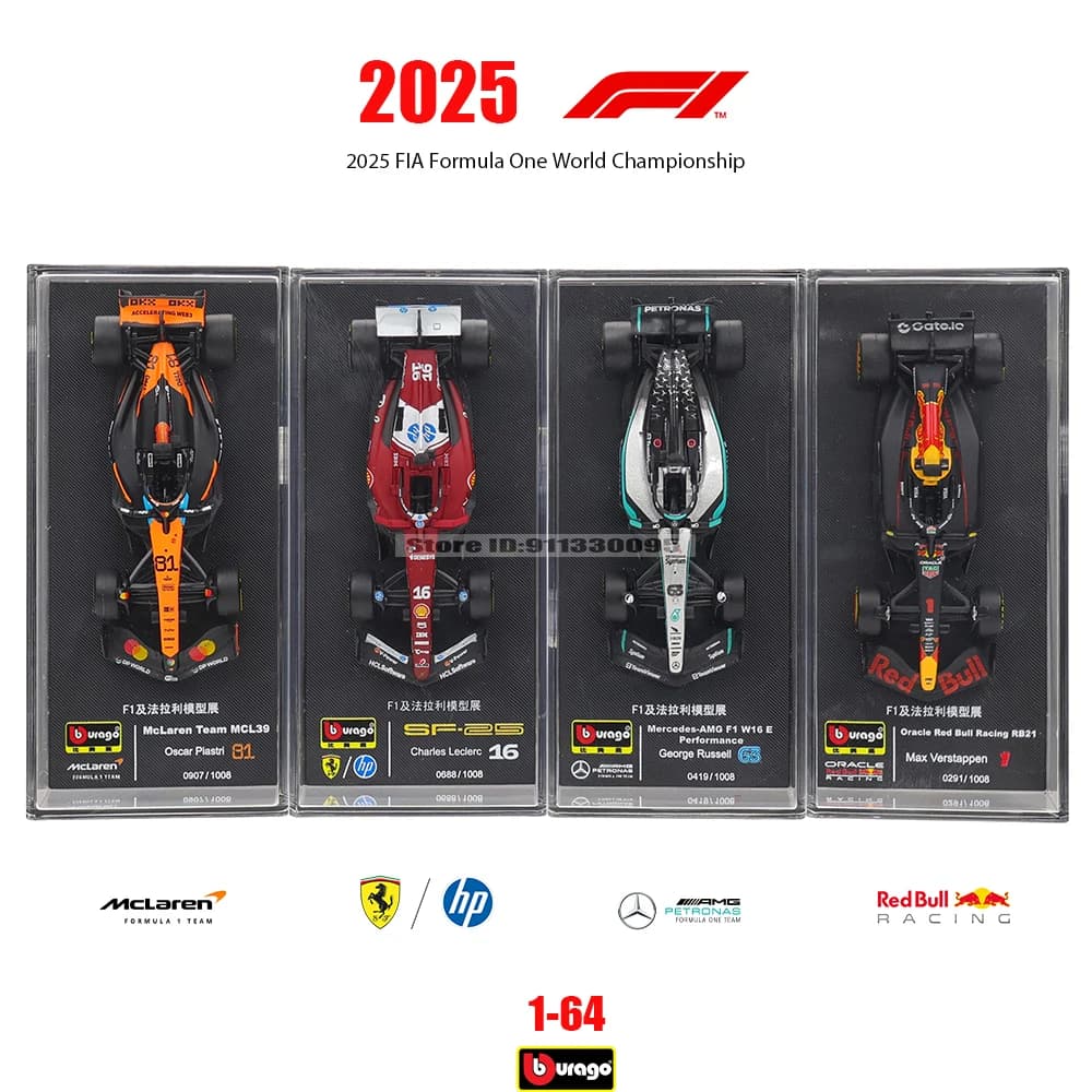Bburago 1:64 2025 F1 McLaren MCL39 mercedes-amg W16 Red Bull RB21 Ferrari SF25 modèle de voiture en alliage jouet avec acrylique