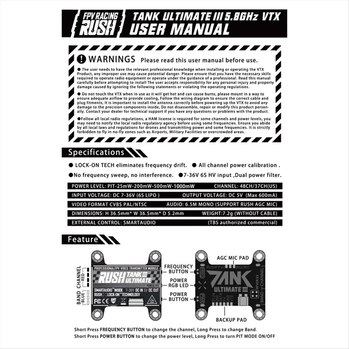 Professionnel-RUSH TANK III Ultimate VTX 5.8G 48CH PIT/25/200/500/1000mw transmetteur commutable pour Drone de course RC
