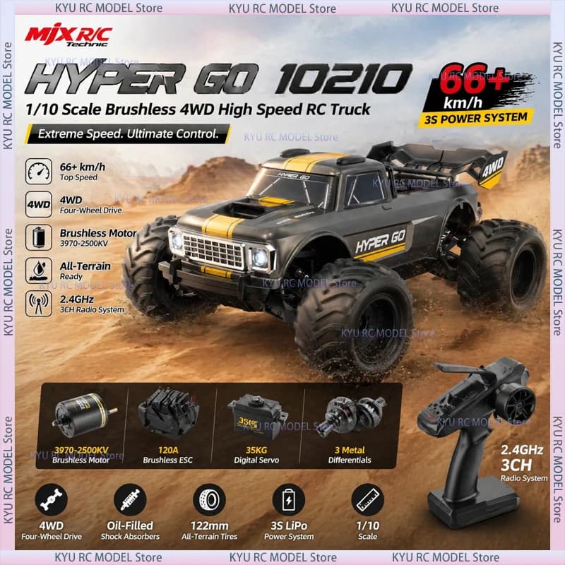 MJX HYPER GO 10210 1/10 RC 4WD Monster Truck tout-terrain à grande vitesse avec moteur brushless, 66 km/h, 3 différentiels métalliques