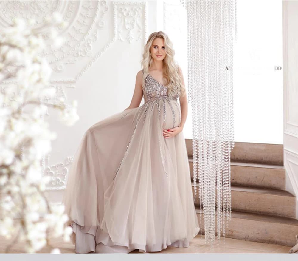 Robe de maternité à col en V et coupe trapèze en tulle à sequins pour femme enceinte, idéale pour séance photo – Grande vente