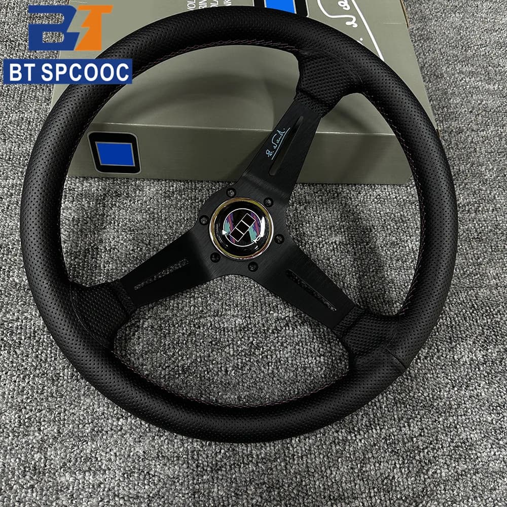 KS 14 pouces 350mm plat profond course modifié en cuir véritable voiture Sport volant 3 couleurs ligne de couture