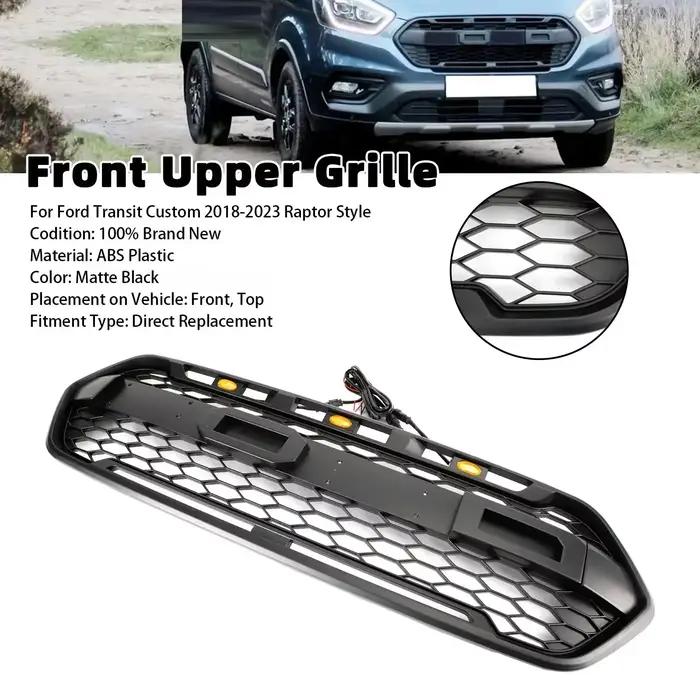 Grille centrale de pare-chocs avant de Style Raptor, Grille de radiateur de course en nid d'abeille en maille pour Ford Transit Custom Trail avec 3LED 2018 – 2023