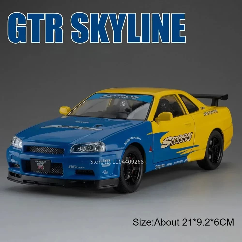 Modèle de voiture de sport R34 GTR-CSR2 R34, échelle 1:24, jouet, lumière musicale, corps métallique